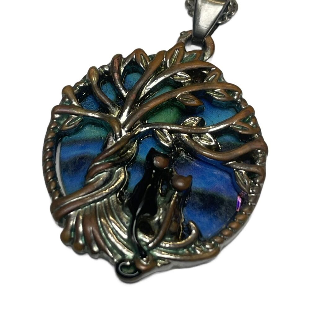 Tree of Life Silver Necklace with Blue-Green Enamel Pendant - Picture 9 of 13